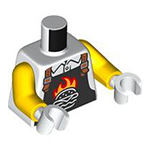 LEGO Torso Black Overalls with Burger Outline, Red and Bright Light Orange Flames and Dark Orange Straps over Shirt Pattern / Yellow Arms / White Hands 973PB5520C01